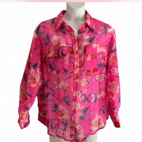 Fashion to Figure Tops - Sheer Fashion to Figure HotPink Floral Button-Up Blouse size XXL